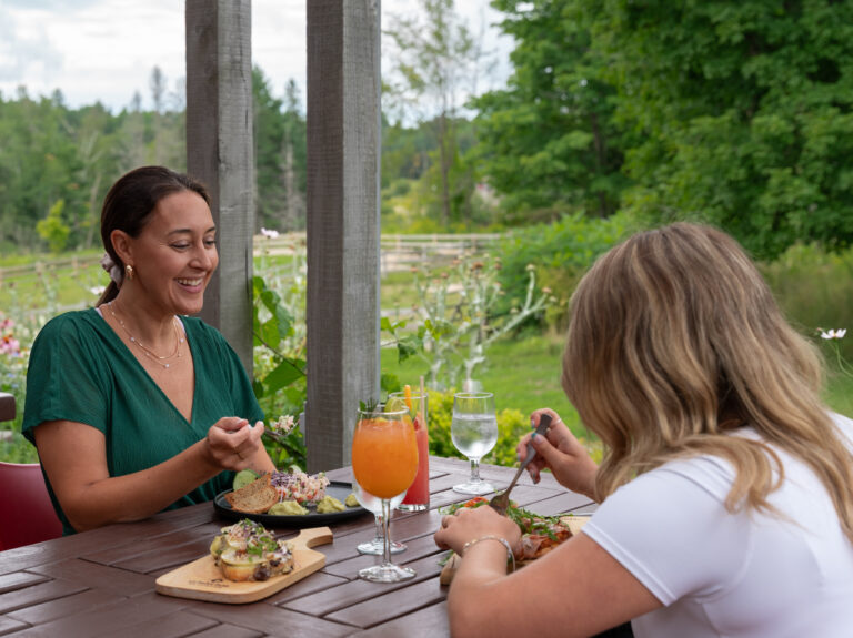 Repas sur la terrasse de l'Éco-café au Baluchon Éco-villégiature à Saint-Paulin