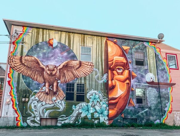 Murale d'un hibou et d'un visage sur l'Auberge Mandala à Saint-Mathieu-du-Parc en Mauricie
