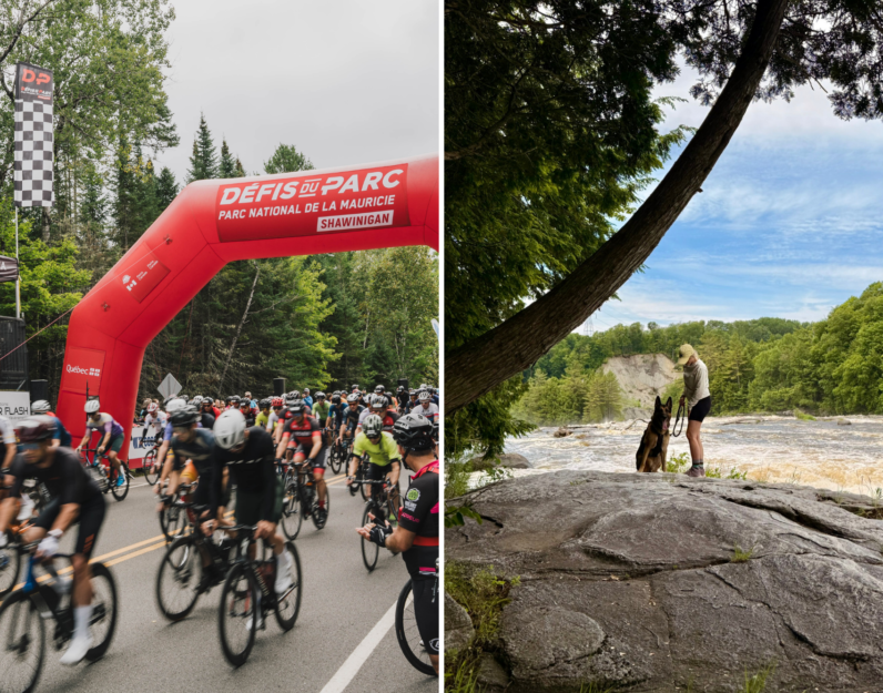 Course de vélo aux Défis du Parc, et femme avec son chien sur une grande roche près d'une rivière