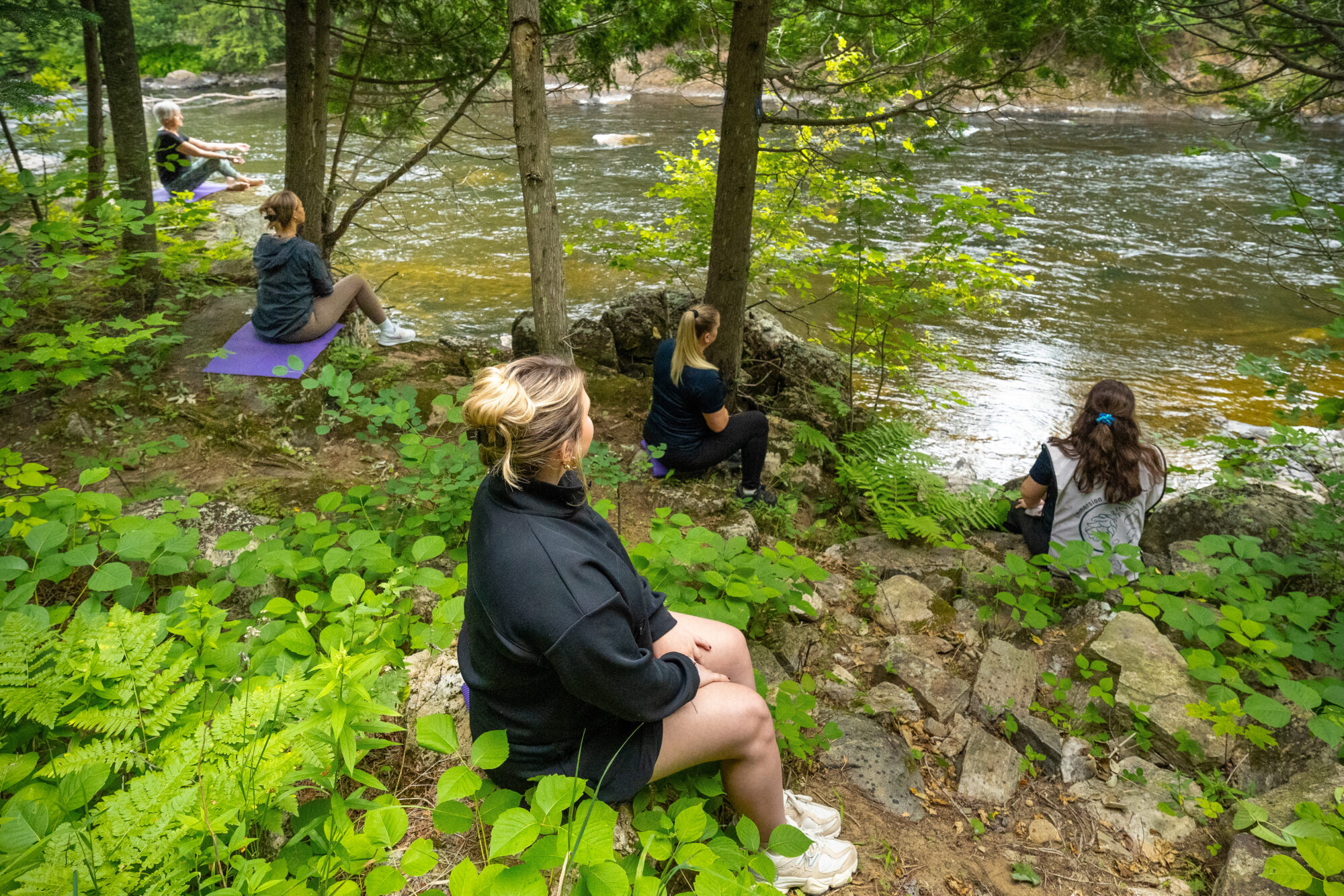 Quatre personnes assises devant la rivière du Loup au Baluchon Éco-villégiature qui participent à l'activité guidé Shinrin yoku.