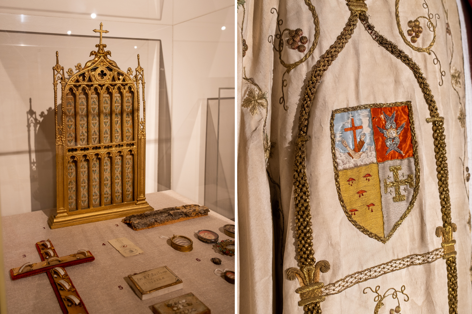 Calendrier reliquaire offert par le pape à Bon Père Frédéric, ainsi qu'un vêtement liturgiques brodé à la main