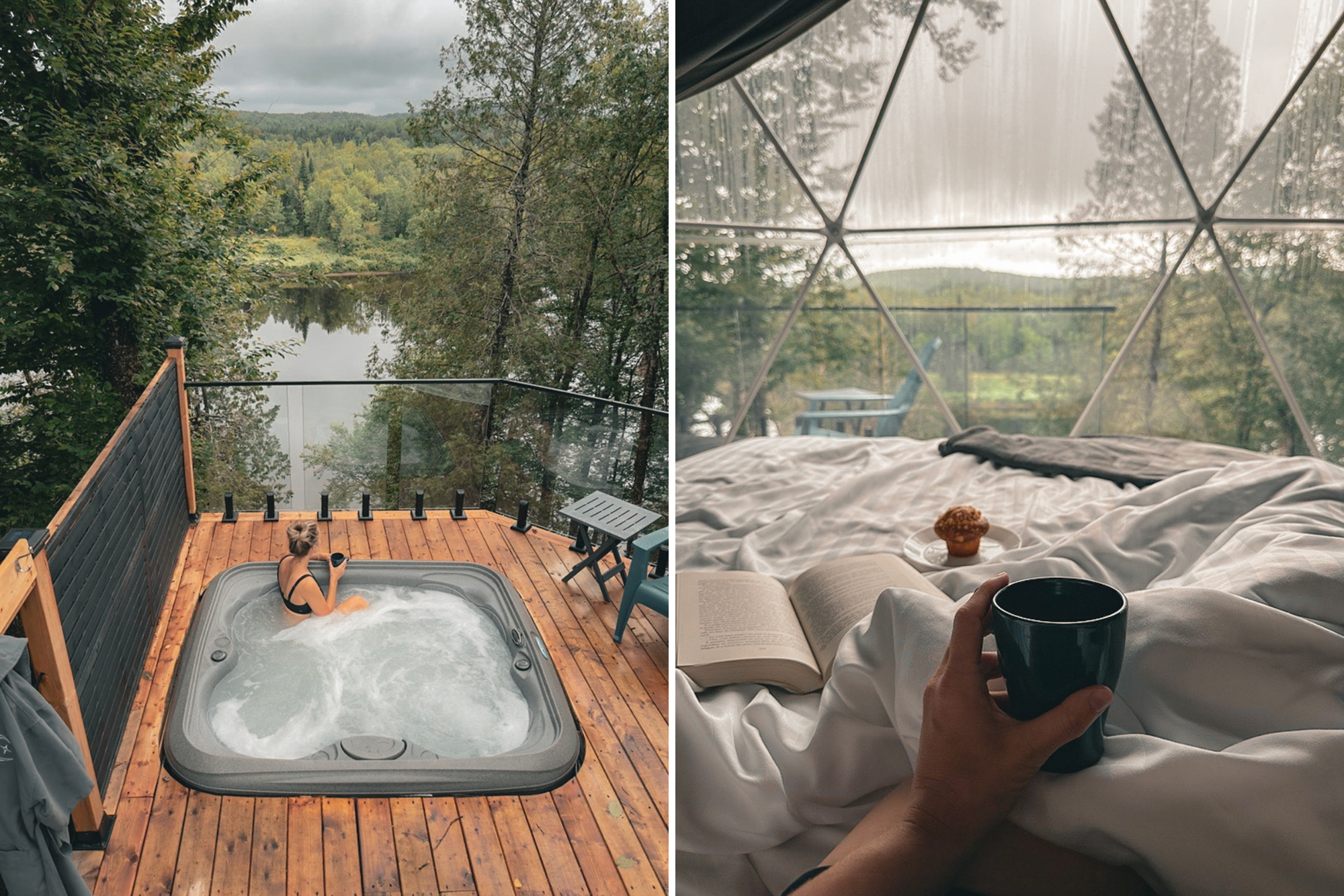 Dôme avec spa avec une vue sur la rivière au Domaine des Constellations